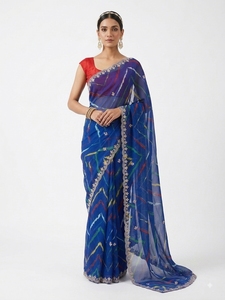 Sari de Seda Azul con Estampado Digital de DevI Fashions, Bordado Floral, para Mujer, Tradicional para Bodas y Fiestas, Bengala Occidental, India - Product Image 3