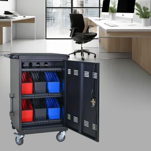 Carrello di ricarica per tablet e laptop da 32 bit in plastica con divisori per la gestione dei cavi, clip per cavi, supporti e cestello per dispositivi mobili - Product Image 2