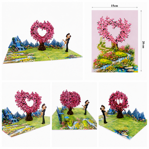 Carte de vœux 3D pop-up carrée Viet-craft, scène romantique de couple avec arbre de cerisier, thème amour pour la Saint-Valentin, origine Vietnam - Product Image 1