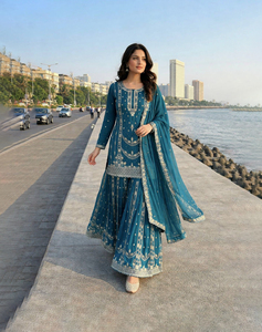 Latest Traditional Indian Designer Sharara <b>Kurti</b> Suit High Fashion Chinon Silk Bollywood Wedding Festive Ready To Wear - Product Image 1