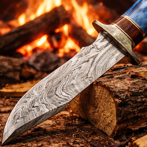 Couteau de camping Bowie artisanal de qualité industrielle avec lame en acier Damas de 10 pouces, manche en os et bois, étui en cuir - Product Image 2