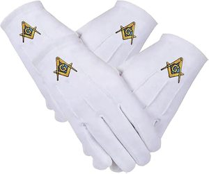 Gants maçonniques, gants en coton blanc brodés avec un carré et un compas, pour la Loge bleue (2 paires), origine importée - Product Image 1
