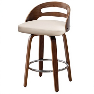 Tabouret de bar moderne en bois avec assise et dossier en cuir PU, repose-pieds, chaise de salle à manger de style mid-century - Product Image 1