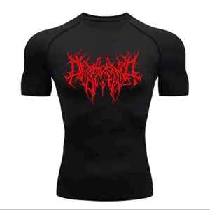 Men's White Short Sleeve Rash Guard With Black <b>Gothic</b> Logo Print Quick Dry Polyester Swim <b>Shirt</b> Adult Top - Product Image 4