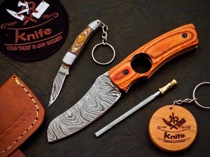 Cuchillo plegable de bolsillo de acero inoxidable hecho a mano con mango de madera de naranjo, punta de gota, grado industrial, juego combinado con varilla de afilar, venta al por mayor - Product Image 1