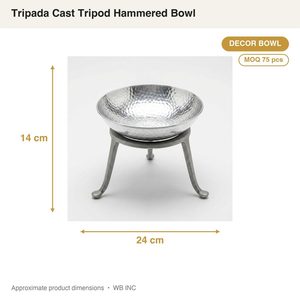 Bol décoratif en aluminium fait main de 24 cm, finition argentée martelée brillante, sur support trépied en fonte - pour la décoration intérieure ou l'utilisation hôtelière - Product Image 3