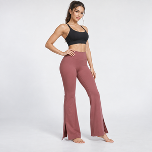 High Waist Flared Leg <b>Yoga</b> <b>Pants</b> Seamless Solid Color Full Length Elastic Waist Spandex Nylon Workout Trousers - Product Image 4