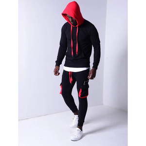 Survêtement imprimé respirant à capuche pour homme, noir et rouge contrastant, manches longues, coupe classique, streetwear, tenue d'automne, fermeture à cordon - Product Image 1