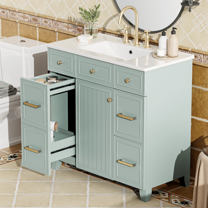 Mobile Bagno in Legno Massello Verde da 36 Pollici con Lavabo in Ceramica, Ante con Chiusura Ammortizzata, Ripiani Regolabili e 3 Cassetti (tra cui 2 Doppi) - Product Image 1