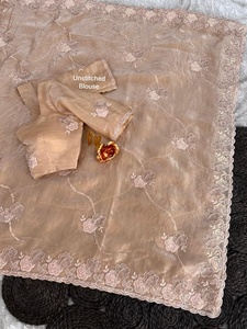 Premium Fendy Satin Silk <b>Saree</b> Heavy Handwork Sequence Beads Borders Designer Indian Wedding Wear Sarees Unstitched <b>Blouse</b> Piece - Product Image 5
