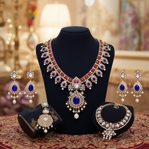 Designer Kundan and <b>Beads</b> Semi-Bridal Necklace <b>Set</b> with Earrings-Gemstone Fine Jewelry Gift - Product Image 2