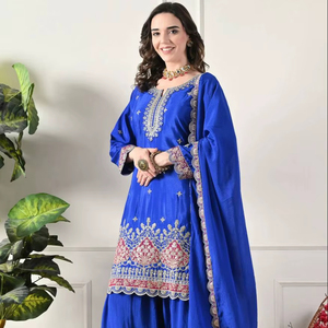 Conjunto de traje tradicional chino con top y pantalón palazzo, completamente cosido, listo para usar, diseño elegante para mujer, colección de ropa de fiesta. - Product Image 1