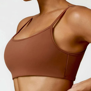 Women's Seamless Scoop Neck Sports Bra <b>Medium</b> Support Spaghetti Strap Solid Color Yoga Activewear <b>Brown</b> - Product Image 1