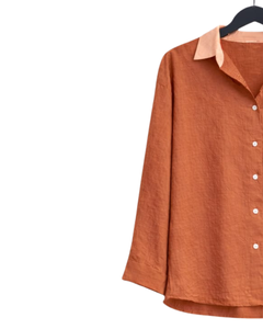 Conjunto de dos piezas para mujer: camisa con estampado de corazones naranja óxido y pantalones anchos color melocotón, atuendo informal de algodón y lino, ropa holgada de verano OEM - Product Image 3