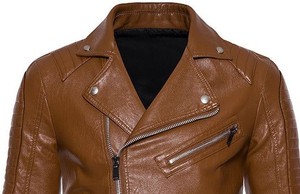 Men's Brown Genuine Leather Moto Biker <b>Jacket</b> Zipper Closure Slim Fit Turn-down Collar Autumn Wear - Product Image 2