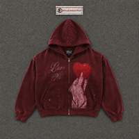 Sweat à capuche zippé graphique Maroon Love, style vintage délavé, streetwear, imprimé cœur surdimensionné, unisexe, mode urbaine décontractée, soldes