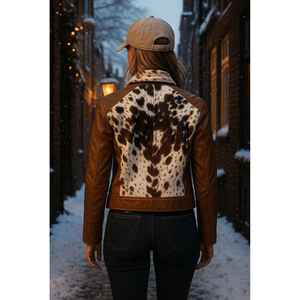 <b>Women's</b> Genuine Leather <b>Jacket</b> <b>Brown</b> Cowhide Patchwork V-neck Thick Windproof Anti-Wrinkle Full Sleeve Zipper Closure - Product Image 2