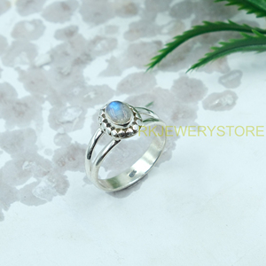 Bague en Pierre de Lune Arc-en-ciel Naturelle, Argent Sterling 925, Bague Bohème Faite à la Main avec Cabochon Ovale à Branches Divisées, pour Femme et Unisexe - Product Image 6