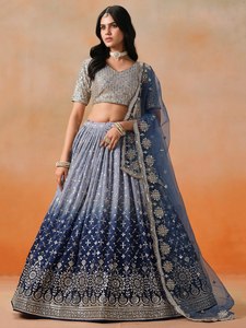 Blue Organza Embroidered <b>Lehenga</b> With Crop Top And Dupatta For Bridesmaid - Product Image 5