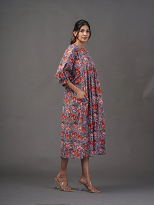 Floral Print Loose Knee-Length Boat Neck Casual Woven Cotton Party Autumn Daily Wear <b>Dress</b> - Product Image 3
