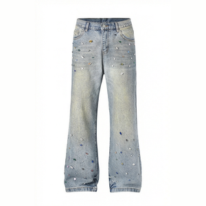 High Waist <b>Flare</b> Denim Jeans Men Cotton Stonewashed <b>Sequined</b> Dot Pattern Casual Spring Style Regular Fit - Product Image 1