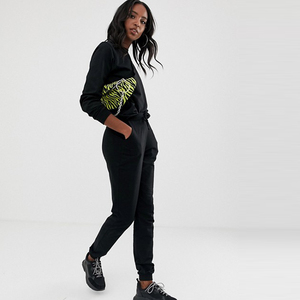 Ensemble de survêtement sportif pour femmes en polyester/nylon noir, 2 pièces, décontracté, manches longues, col rond, couleur unie, respirant, de haute qualité, hiver - Product Image 2