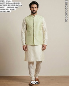 Veste en soie jacquard rose Bandhani pour homme, coupe régulière, longueur cheville, séchage rapide, style traditionnel, pour Kurta Banarasi Dupion - Product Image 3
