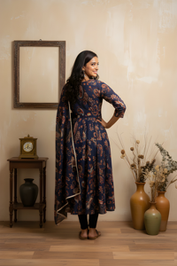 Conjunto de Kurta y Dupatta Estampados Azul Marino para Fiestas, Tela Georgette, Dupatta Estampada para Mayoristas - Product Image 6