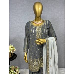เสื้อและกางเกงชุดออกงานสีเทาสวยงาม พร้อมผ้าคลุมไหล่แฟนซี ไซส์ XL - Product Image 1