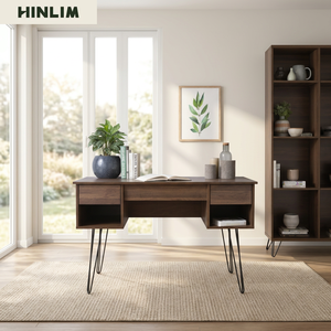 Modern Walnut <b>Console</b> Desk with Metal Legs Minimalist Design <b>Storage</b> Easy Clean Durable Home Office Furniture - Product Image 6