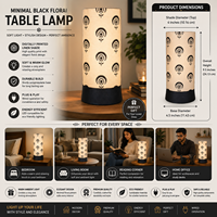Lampu Meja Minimalis dengan Kap Lampu Linen Bermotif Bunga Hitam |   Lampu Tidur LED Modern |   Lampu Ambient Dekoratif untuk Ruang Tamu