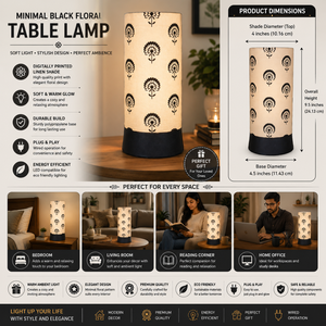 Minimal Black Floral Printed Linen Shade Table Lamp | Modern Bedside Night Lamp <b>LED</b> | Decorative Living Room Ambient <b>Light</b> - Product Image 5