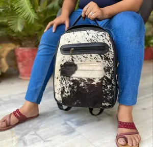The Classic Cowhide Fur Premium Quality Fashion <b>Black</b> & White Front Zipper <b>Backpack</b> Men Leather Hipster Laptop Gym Travel Gift - Product Image 3