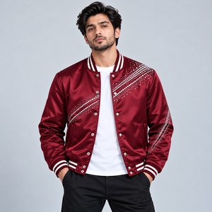 Chaqueta Varsity Casual de Satén con Pedrería, Chaqueta Bomber Brillante a la Moda con Decoraciones de Estrellas de Cristal y Puños Acanalados - Product Image 4
