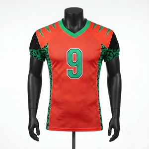 Camiseta de Voleibol para Hombre con Estampado de Leopardo Naranja y Verde, Cuello en V, Manga Corta, Malla Sublimada Transpirable, Ajuste Atlético, Número 9 - Product Image 1