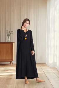Vestido Maxi de Lino y Algodón para Mujer, Manga Corta, Corte Regular, Silueta en A, Ecológico, con Cinturón, Tallas Grandes, Primavera Verano, Casual - Product Image 1