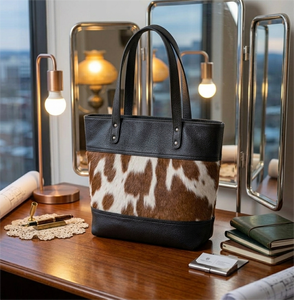 Sac fourre-tout en cuir véritable pour femme, motif léopard, noir et marron, élégant, à ouverture supérieure - Product Image 1