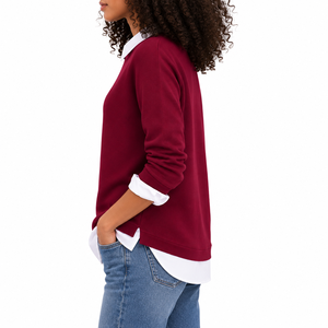 Suéter Casual de Punto Grueso para Mujer, Color Borgoña con Bloques de Color, Cuello Redondo, Manga Larga, Material de Nailon/Acrílico, para Otoño - Product Image 1