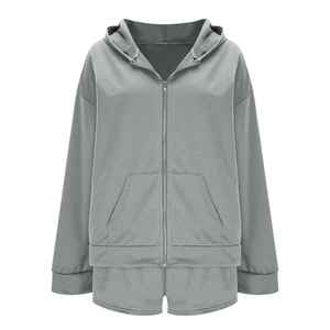 Conjunto de Sudadera Holgada y Pantalones Cortos de Color Sólido para Mujer, Primavera-Otoño, Traje Deportivo Informal de Dos Piezas, Ropa Deportiva Versátil - Product Image 5