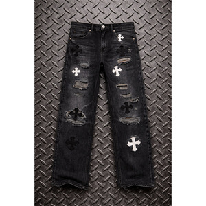 High Quality Custom <b>Design</b> Distressed Cross Patch Denim <b>Jeans</b> <b>Men</b> Stretch <b>Baggy</b> Trousers Fashion Straight Ripped <b>Jeans</b> <b>Men</b> - Product Image 1