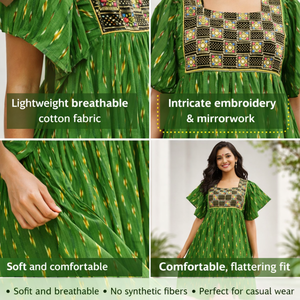 ชุดเดรสผ้าฝ้ายสีเขียวสำหรับผู้หญิง ปักลายที่คอเสื้อ แขนระบายทรงหลวม สวมใส่สบายๆ ในฤดูร้อน เหมาะสำหรับใส่ในชีวิตประจำวัน ชุดเดรสสั้น - Product Image 4