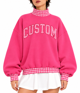 OEM Custom <b>Women</b>’s <b>Christmas</b> Oversized Mock Neck <b>Sweatshirt</b> Gingham Sleeves Letter Applique Embroidery Drop Shoulder Winter - Product Image 1