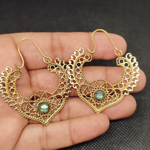 labradorite Export Brass Gemstone Drop Earrings Bulk Handcrafted Gold Plated Finish Pattern Bezel - Product Image 1