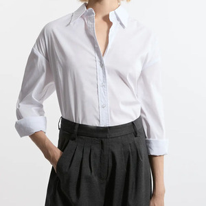 Camisa Clásica de Manga Larga para Mujer, Cuello Camisero, Color Sólido, Corte Regular, Blusa de Popelina de Algodón para Todas las Temporadas - Product Image 6
