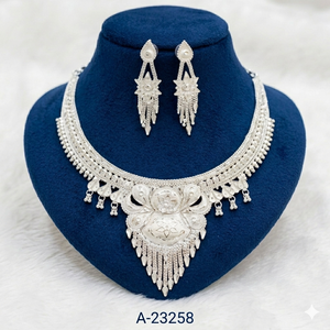 Women's 24K <b>Solid</b> Gold Zircon Flower Choker <b>Necklace</b> Set with Matching Gold Plated Drop Earrings Classic Wedding Jewelry A-23253 - Product Image 6