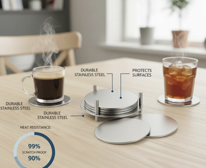 Q.M.R.F HANDICRAFTS Juego de Posavasos de Acero Inoxidable con Soporte, Cierre Acanalado, Fácil de Limpiar, Modelo CRS-0023 para Café, Té y Bar - Product Image 4