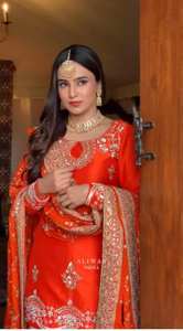 Conjunto de Kurti Sharara de seda bordada naranja con Dupatta |   Traje Étnico Pakistaní Indio para Mujer, para Bodas y Fiestas - Product Image 6