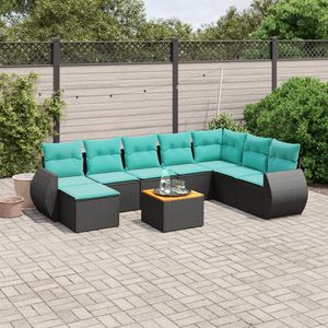 Set di divani da giardino in polyrattan nero da 9 pezzi con cuscini, eleganti mobili da esterno - Product Image 1
