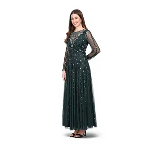 Robe de soirée longue de luxe vert forêt à sequins et perles, manches longues, col illusion en maille, motif floral, pour femme - Product Image 4