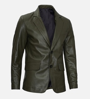 Veste en cuir vert olive pour homme, col rabattu, simple boutonnage, style décontracté chic, coupe classique, pour l'automne